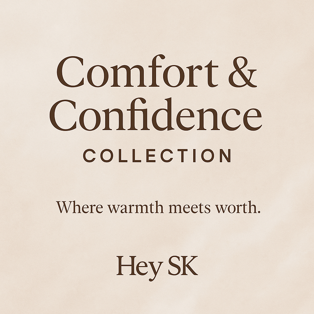 Comfort & Confidence Collection cover image by Hey SK featuring beige background with elegant serif typography and the tagline ‘Where warmth meets worth.’ Promotes cozy affirmation blankets designed for self-care, empowerment, and comfort.