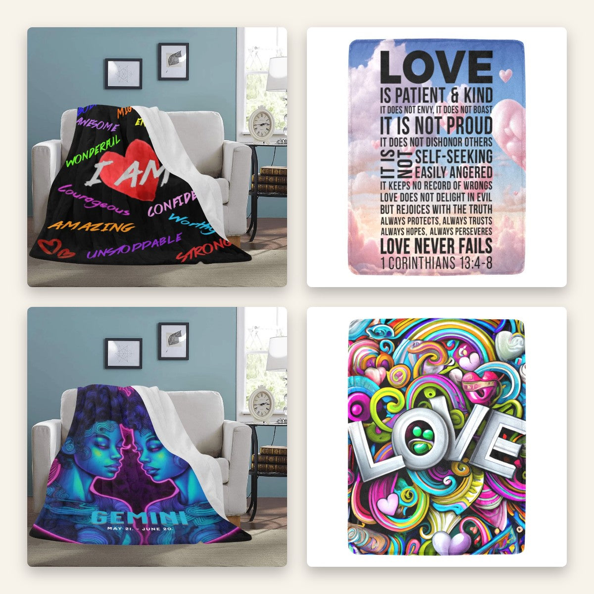 Hey SK fleece blankets: I AM affirmation, Love Never Fails, Gemini zodiac, and Speak Love Live Loud