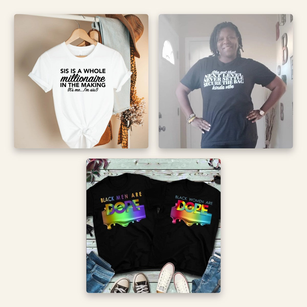 Hey SK statement apparel: Sis Is A Whole Millionaire tee, Secure The Bag Vibe tee, and Black Men and Black Women Are Dope tees